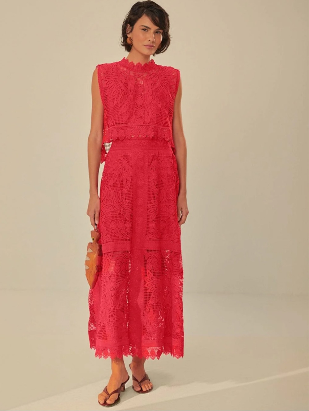 FARM Rio Toucan Red Guipure Crochet Midi Skirt - Picture 12 of 13